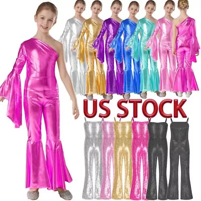 US Kids Girls 70s Disco Costume Shiny Sequins Dance Jumpsuit Gymnastics Bodysuit • $12.13