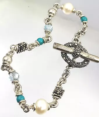 Michael Dawkins Sterling Silver Turquoise Topaz Pearl Station Bead Bracelet 8  • $99.99