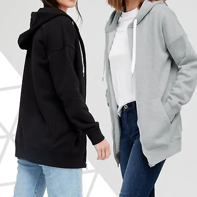 £10.99 • Buy Ladies Grey Longline Hoodie Zip Up Top Hooded Jumper 6 8 10 12 14 16 18 20 22 24