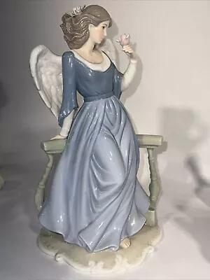 O’Well Porcelain Woman Angel Leaning On Fence 12.5” Tall Blue White Beige • $19.99