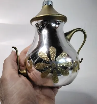 Vintage Mercury Glass Teapot Coffee Pot Pontil Christmas Ornament Gold Silver 4  • $30