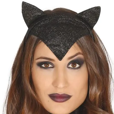 Black Glitter Cat Woman's Cat Ears Headpiece Hat Halloween Fancy Dress Headdress • $35.59