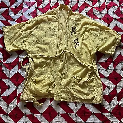 Vintage Seersucker Embroidered Smoking Jacket Robe Mens Yellow As Is Worn 60s • $20