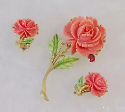 Vintage JJ Jonette Enamel Ladybug And Faux Coral Carved Rose Brooch & Earrings • $24.99