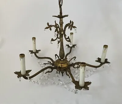 Vintage Petit Spanish Style Brass 5 Light Chandelier Crystal Chains Good Cond • $425