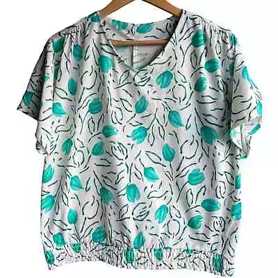 Vintage White Green Floral Blouse Shirt Top Size LARGE 100% Polyester USA Made • £13.88