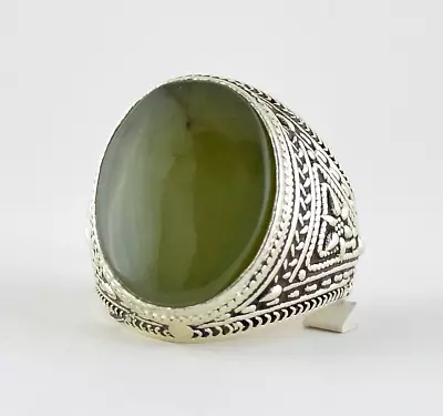 Green Aqeeq Yemeni Stone Sterling Silver Ring Natural Yamani Aqiq Jade Size 10.5 • $64