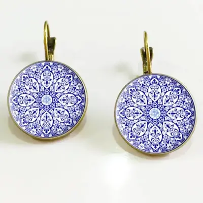 Moroccan Tile Blue And White Boho Earrings • $25
