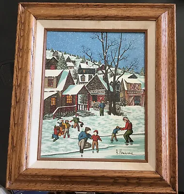 H. Hargrove Signed On Canvas Winter Scene Old Buildings Snowman Ice Skating COA • $65