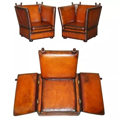 Unique Pair Of English Fully Restored Knoll Drop Arm Brown Leather Armchairs • £6000