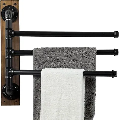 3 Tier Wall Mounted Brown Wood And Black Metal Bathroom Towel Rack Tower Holder • $44.99