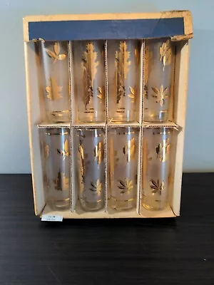 Vintage 1950's Frosted Gold Leaf Drinking Glasses MCM Barware  Set Of 8 Libbeys • $75