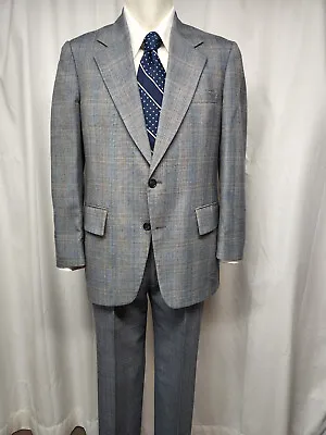 CASTLERIDGE Vintage 70s Suit Blue Plaid Wool 40 / 42R? • $49.95