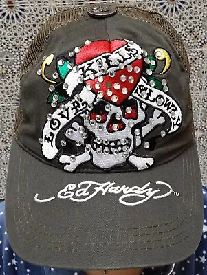 ED HARDY -LOVE KILLS SLOWLY VINTAGE O/GREEN BASEBALL CAP W/RHINESTONES Size OSFA • £40