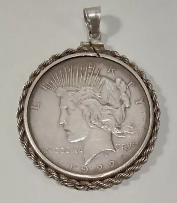 Vintage 1922 STERLING SILVER BEZEL Peace Silver Dollar Necklace Pendant • $149.99