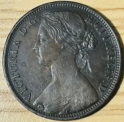 1861 Queen Victoria British Bronze 1d ONE PENNY High Grade AU/UNC • £0.99