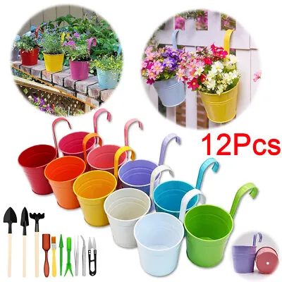 12Pcs Coloured Metal Flower Pot Balcony Garden Wall Fence Hanging Plant Planter • £12.92