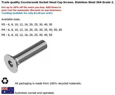 M3 M4 M5 Countersunk Hex Socket Head Cap Screws 304 Stainless 25 Pack • $6.49