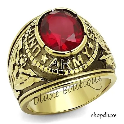 Men's 14k Gold Plated Simulated Siam Red US Army Military Ring Size 8-14 • $16.99