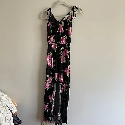 Mimi Chica Women XS Black Floral Sleeveless Tie Strap Ruffle High Low Maxi Dress • $22.49