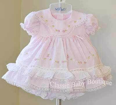 NWT Will'beth Pink Color Heirloom Lace 2pc Dress Preemie Bloomers Girls Frilly  • $62.99