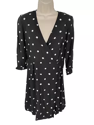 Womens Warehouse Uk 8 Black/white Splatter Spot 3/4 Sleeve Mini Wrap Tea Dress • £9.59