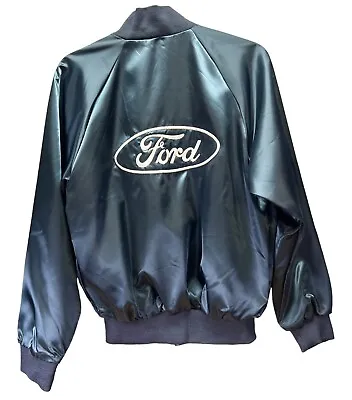 Vintage 70’s Men's Navy And White Satin Bomber Jacket FORD Motor Company Medium • $76.50