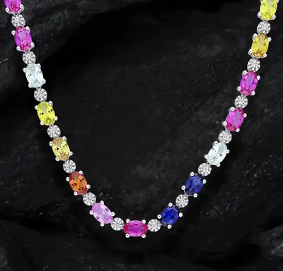 Oval Cut Rainbow Multi-Gemstone & Diamond 14K White Gold Over Tennis 18 Necklace • $349.99