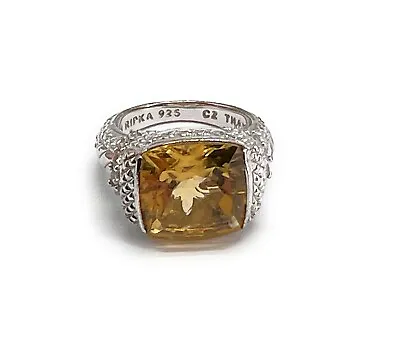Judith Ripka Sterling Silver 925 Citrine Cushion Cocktail Ring Size 6 CZ Accents • $86.39