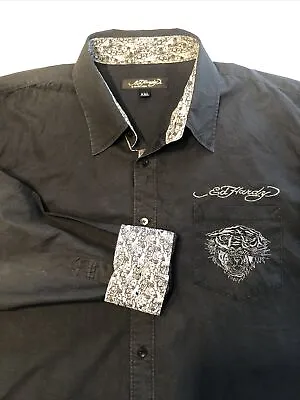 Ed Hardy Men’s Long Sleeve Button Up Tiger Embroidered Black Shirt Flip Cuff XXL • $43.98