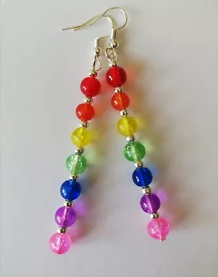 Long Drop / Dangle Earrings -Rainbow Crackle Beads Silver Plated - Multi Colour • £4.99