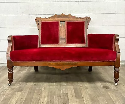 Antique 19th Century Victorian Eastlake Crushed Red Velvet Carved Settee Or Sofa • $899