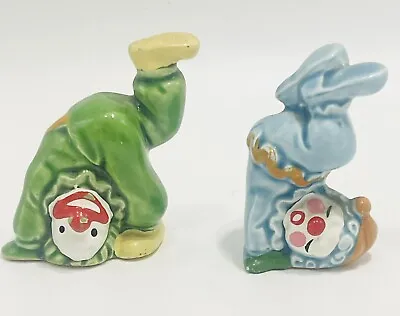 2 Vintage Tumbling Circus Clowns Ceramic Miniature Japan MCM Green Blue 2.25” • $12.75