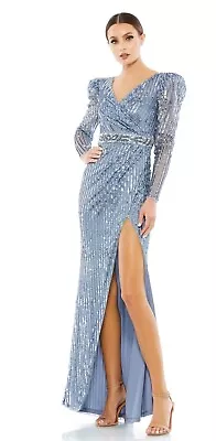 Mac Duggal Sequin Puff Sleeve Surplice Gown Slate Blue Size 14 New With Tags • $189