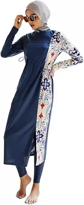 Imekis Muslim Full Cover Swimwear 3 Piece Floral Modest Long Sleeve Blue Large • £23.15