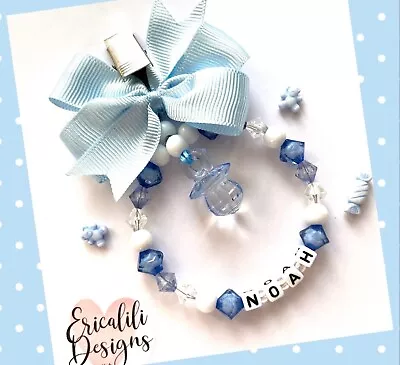 Personalised Pram Charm Clip Blue White Dummy Boy Son Buggy Baby Shower Gift • £7.95