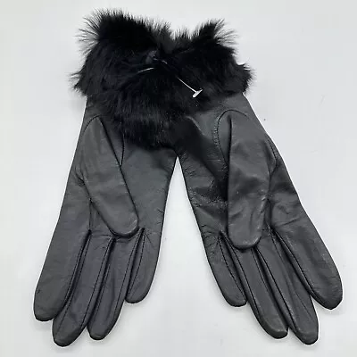 Charter Club Womens Leather Gloves Black Rabbit Fur Trim Cuffs Winter Size 6.5 • $25.49