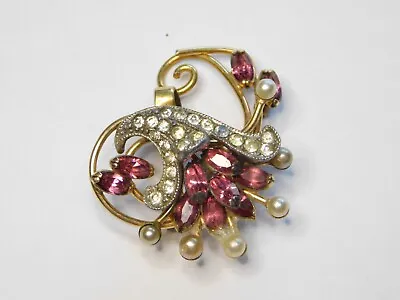 Vintage CRC 12k Gold Filled Faux Pearl Pink Rhinestone Floral Brooch Pin 1.5  • $34.99