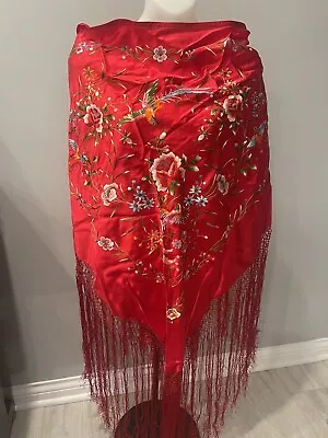 VINTAGE Professional FLAMENCO Dancing SHAWL BIG RED Handmade EMBROIDERY SILK • $175