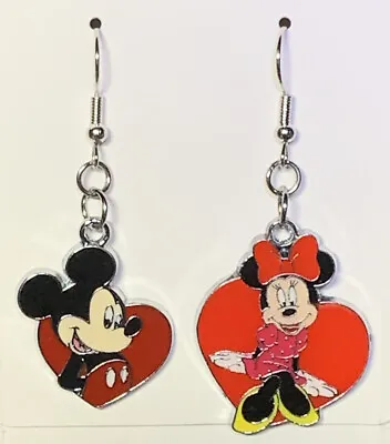 Silver Mickey & Minnie Mouse Heart Dangle Drop Earrings!! • $9
