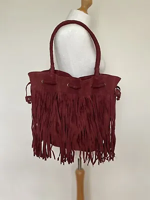 £40 • Buy Burgundy Real Suede Fringed Shoulder Bag H36xW48xD17cm Handles 55cm