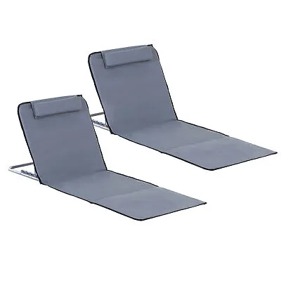 Outsunny 2 Pieces Outdoor Beach Mat Steel Reclining Chair Set W/ Pillow Grey • £25.99