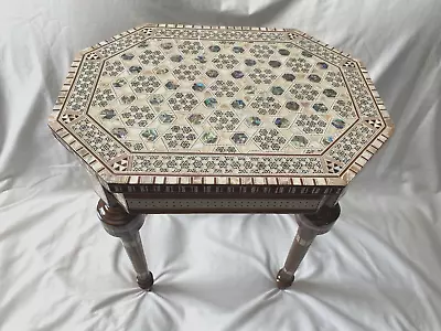 Egyptian Inlaid Mother Of Pearl Paua Wood Room Table Hexagonal Long 16  X 12  • $479.99