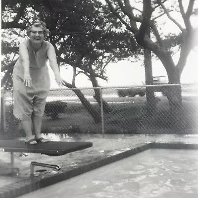 Vintage Black And White Photo Old Woman Standing Diving Board Swimming Pool Arms • $6.69