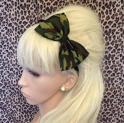 Green Camouflage Camo Army Print Cotton Fabric 5  Side Bow Alice Hair Head Band  • £4.99