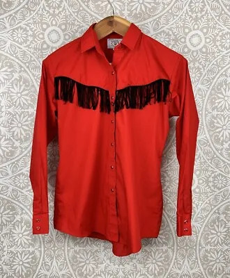 Vintage Ely Country Charm Pearl Snap Red Western Shirt With Black Fringe Size M • $39