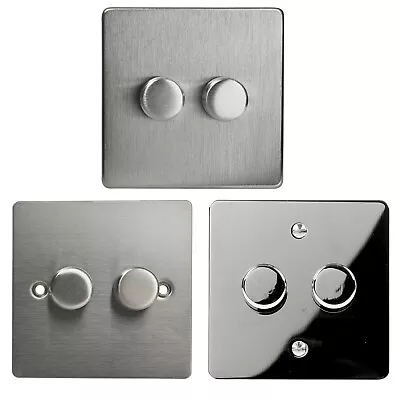 Volex Crabtree 2 Gang Metal Dimmer Light Switch Round Push Toggle Brushed Chrome • £7.49