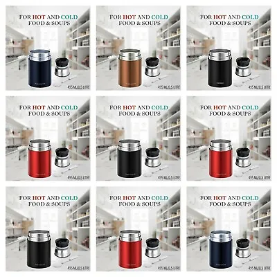 NEW 500ml Vacuum Insulated Thermal Stainless Steel Food Flask With Folding Spoon • £9.49
