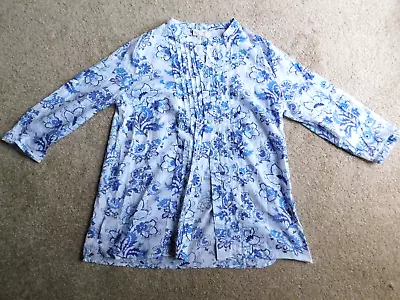 EAST Fine Cotton Blue Print Collarless Shirt UK12 Pintuck Detail 3/4 Sleeves • £12.95