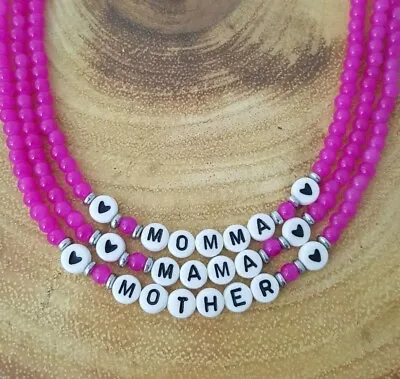 £5.99 • Buy Pink Glass Bead Necklace Mother Mama Momma Mummy Or Any Name Personalised
